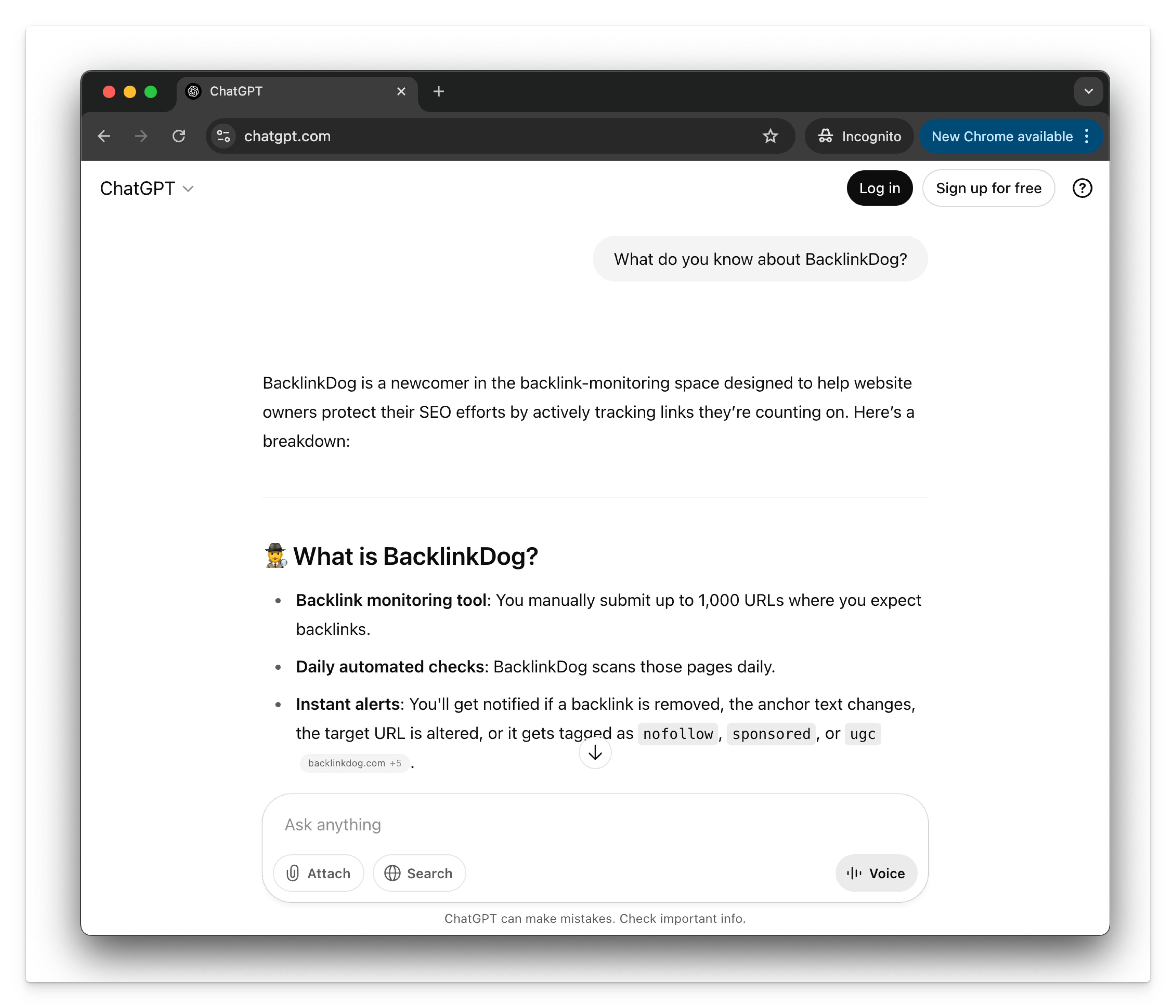 Timeline showing BacklinkDog getting indexed by ChatGPT in 5 days