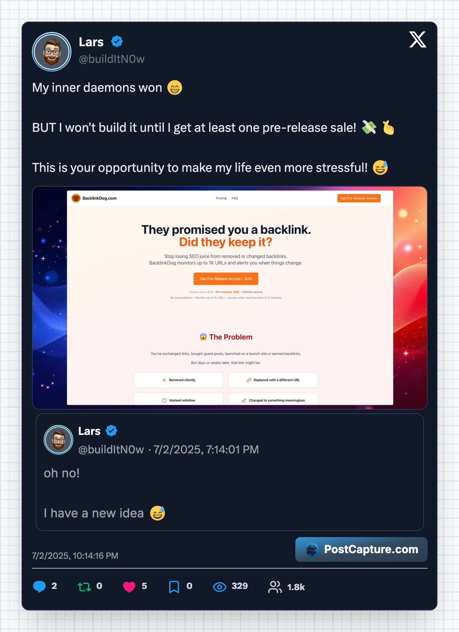 Lars's tweet about having a new idea for BacklinkDog
