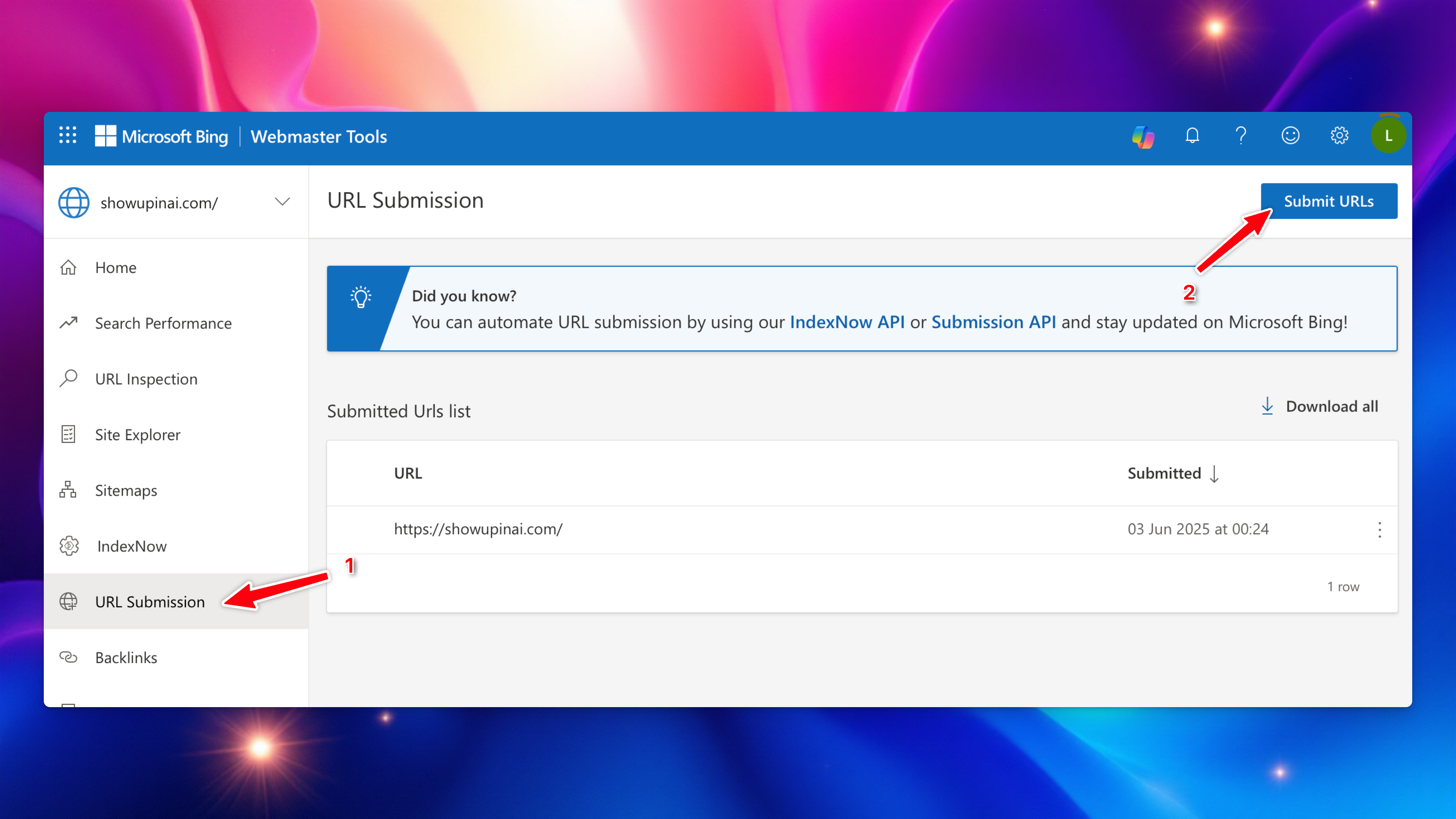 Bing Webmaster Tools URL submission interface showing how to submit a website for indexing