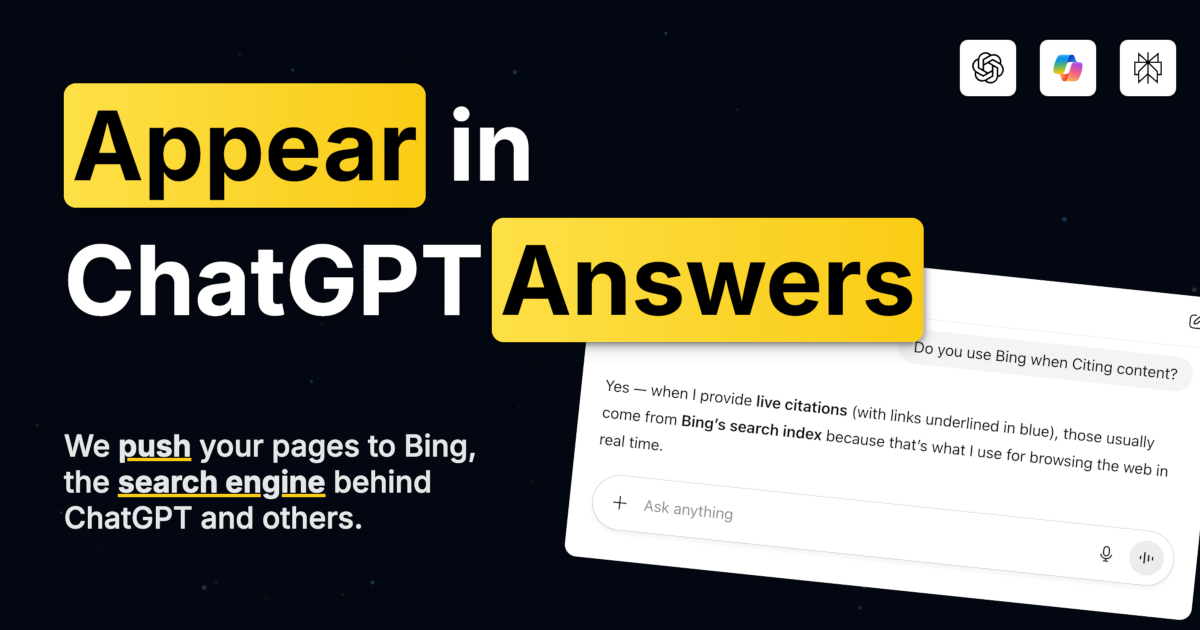 Appear in ChatGPT Answers - AI SEO Tool for ChatGPT, Copilot & Perplexity