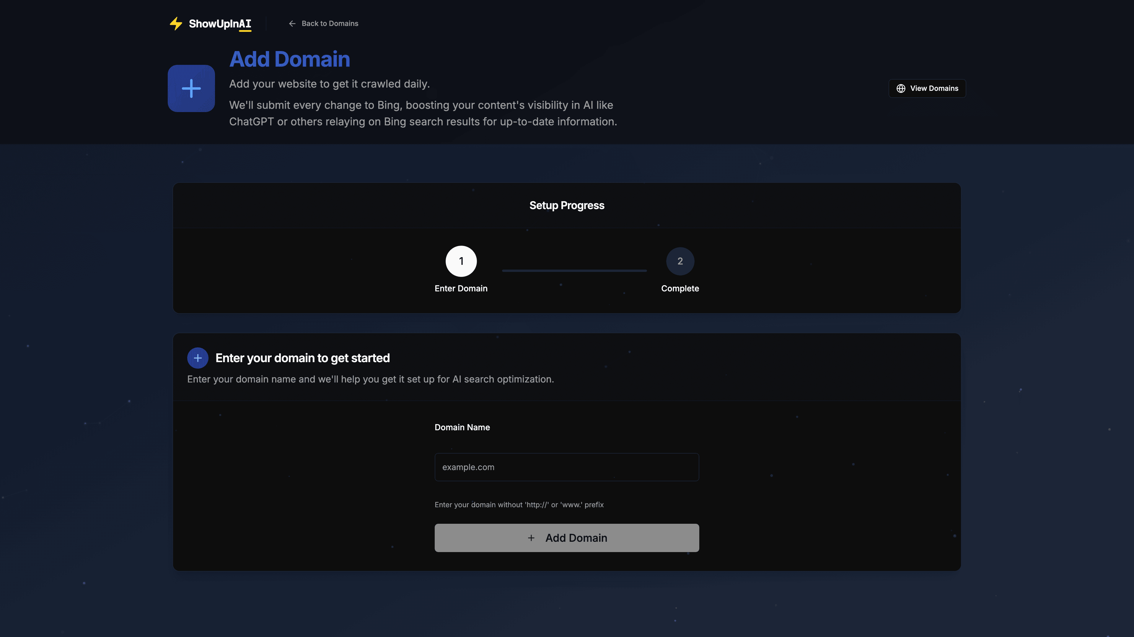 Add Domain page with domain input form