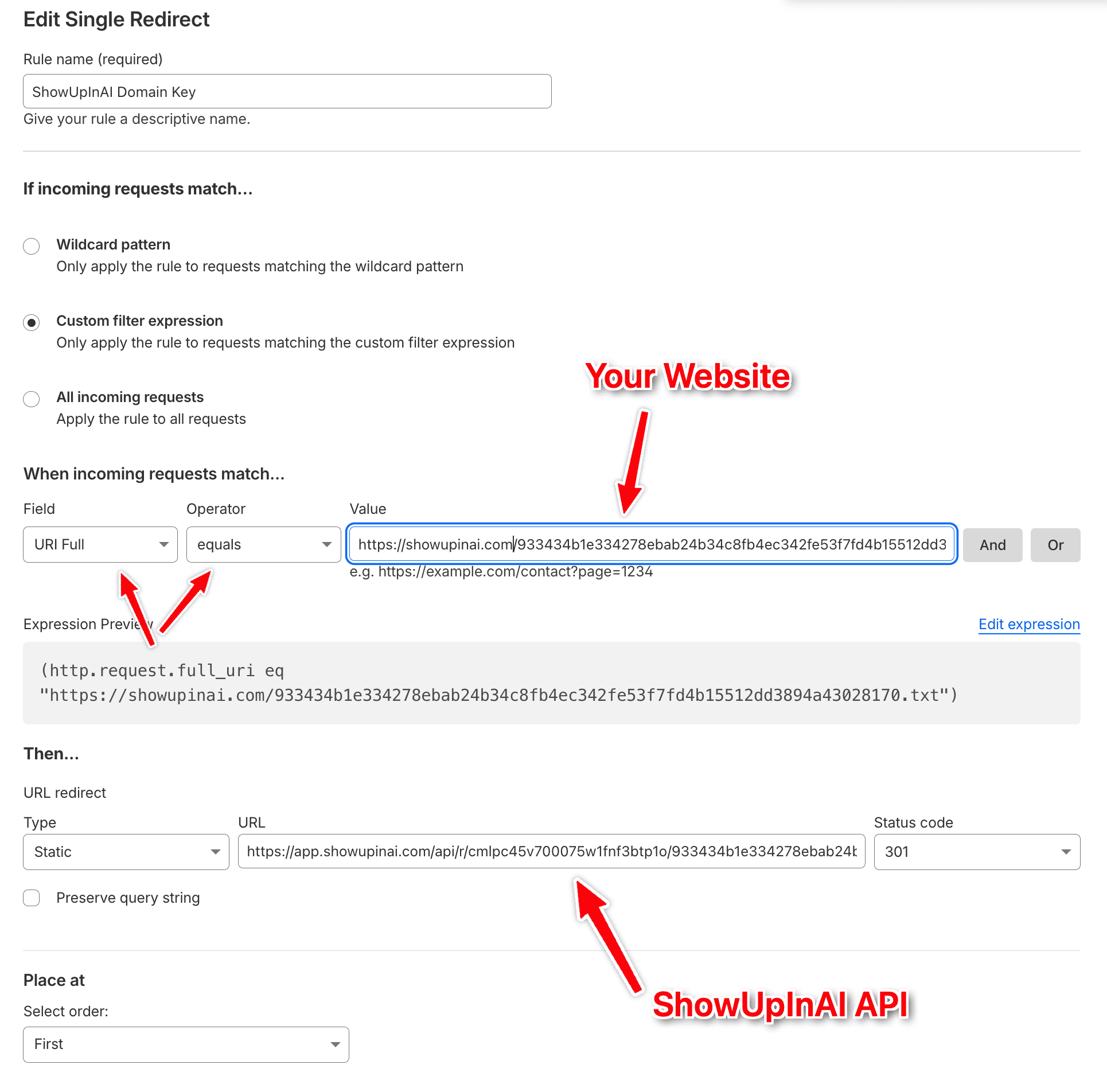Cloudflare Redirect Rules page showing the hostname and URI path conditions with the redirect target URL