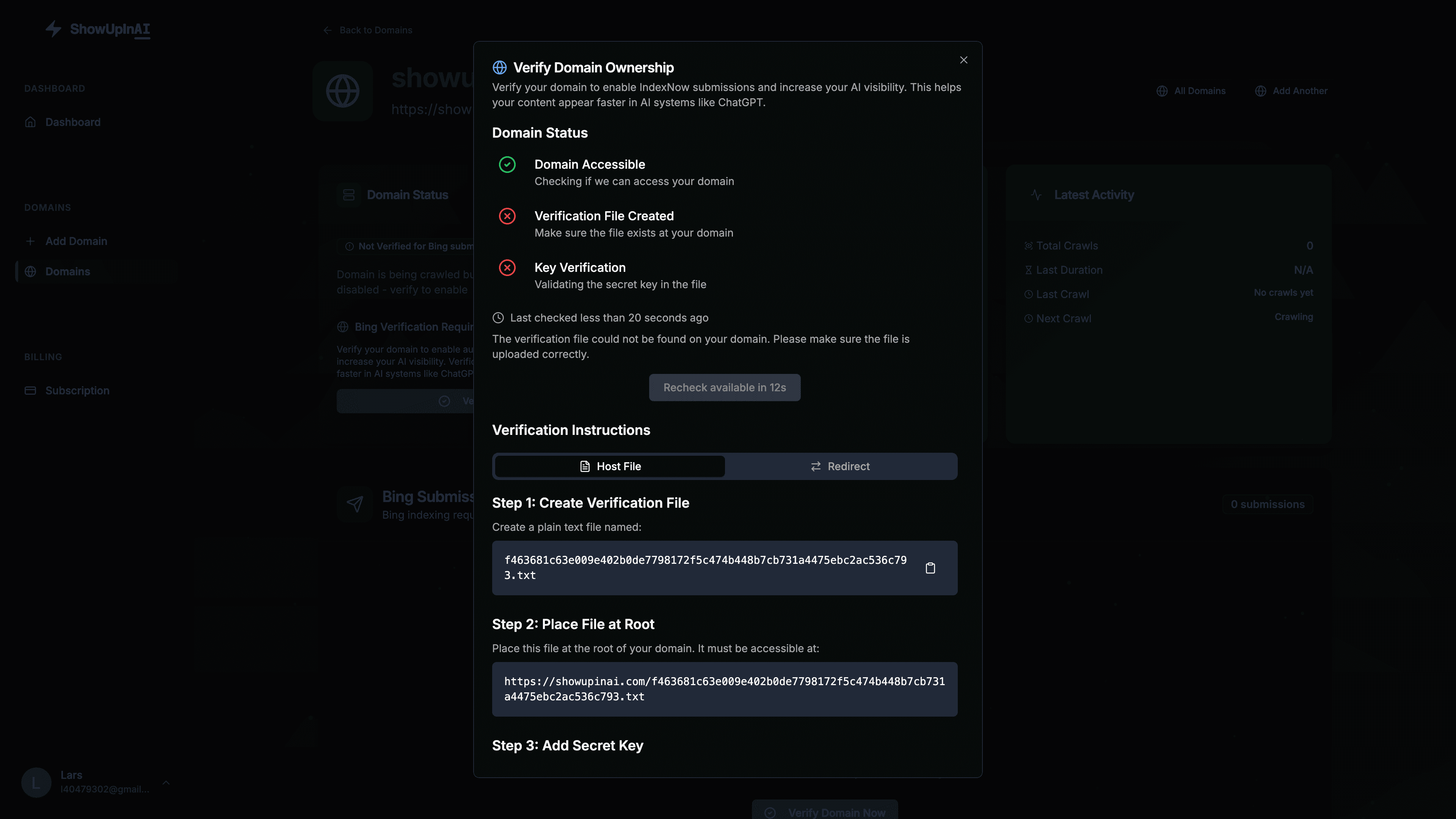 Verification dialog showing the Host File tab with step-by-step instructions