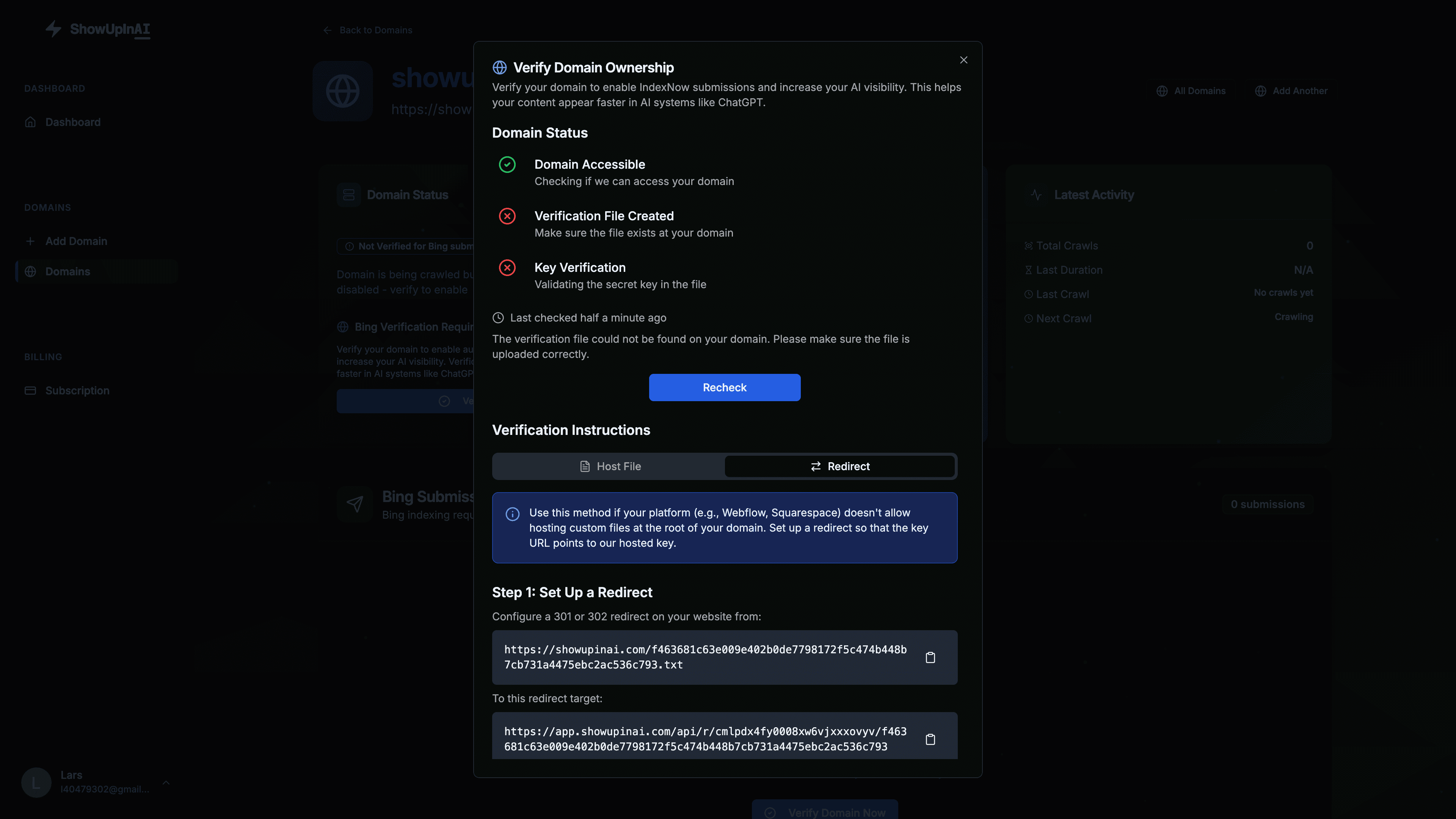 ShowUpInAI verification dialog showing the Redirect tab with source and target URLs